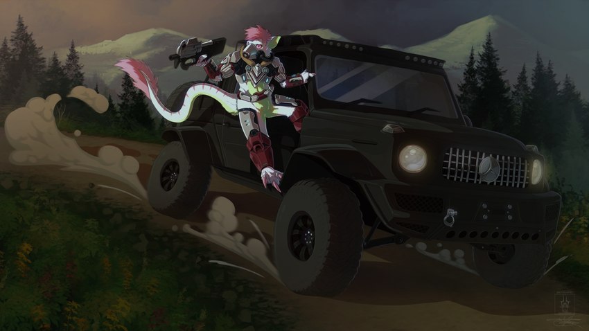 anthro armor car claws forest fur green_body green_fur gun hair male offroad p90 painted_background pink_hair plant ranged_weapon road solo submachine_gun taiga tail tail_tuft tree tuft vehicle weapon white_body white_fur seregore halo_(series) mercedes-benz microsoft mythology xbox_game_studios dragon furred_dragon furred_scalie mythological_creature mythological_scalie scalie absurd_res cel_shading hi_res shaded