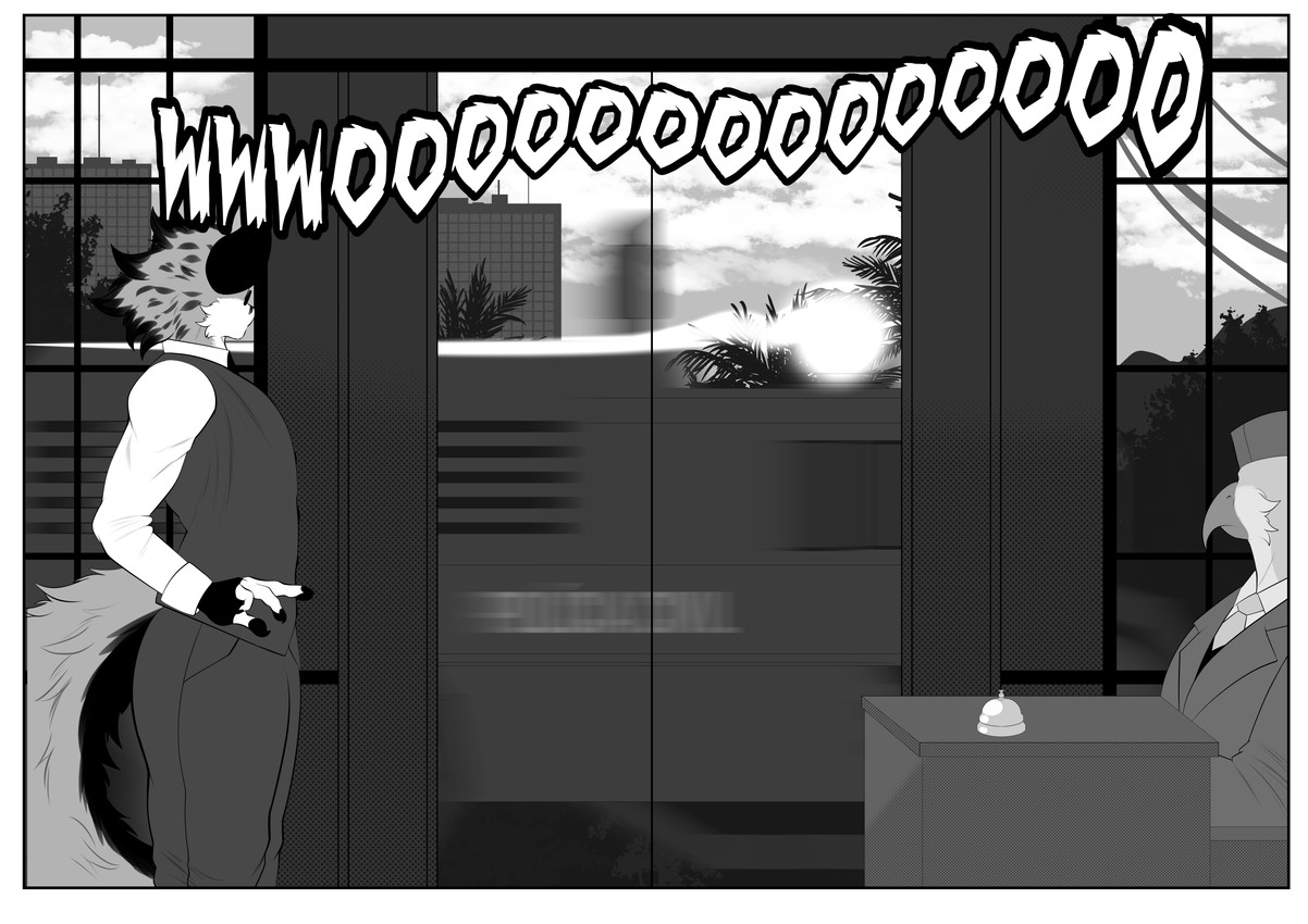 anthro border building car clothing collared_shirt dress_shirt duo eyewear glasses hotel hotel_staff inside looking_out_window looking_outside male necktie onomatopoeia police police_car police_vehicle shirt sirens sound_effects suit text topwear vehicle white_border viola_bat victor_johansen avian canid canine fox mammal absurd_res comic hi_res monochrome
