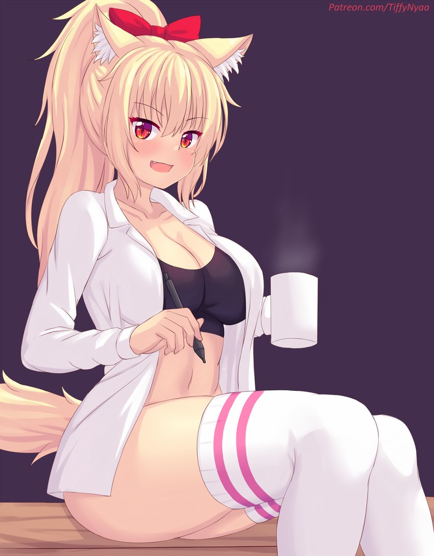 blonde_hair bottomless bra breasts cleavage clothed clothing container cup female hair legwear mug open_clothing open_shirt open_topwear ponytail pupils red_eyes shirt sitting slit_pupils solo steam tablet_pen text thigh_highs topwear underwear fastrunner2024 tiffy_(fastrunner2024) animal_humanoid cat_humanoid felid felid_humanoid feline feline_humanoid humanoid mammal mammal_humanoid 2024 hi_res url