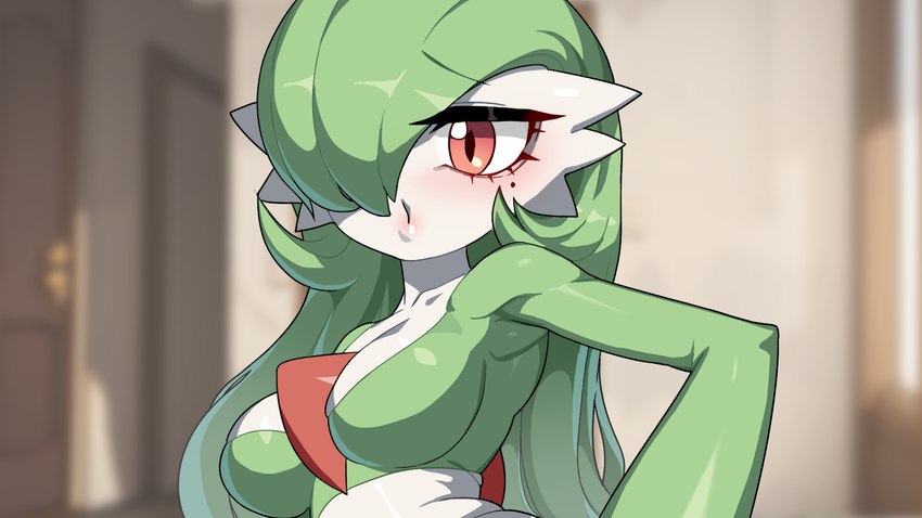 blurred_background breasts eyebrow_through_hair eyebrows female green_hair hair hair_over_eye inside lips medium_breasts one_eye_obstructed solo translucent translucent_hair white_body white_breasts white_skin drunk_oak nintendo pokemon gardevoir generation_3_pokemon humanoid pokemon_(species) 16:9 2023 hi_res widescreen