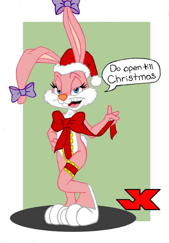 anthro biped blue_eyes breasts buckteeth camel_toe christmas_clothing christmas_headwear clothing female gift hat headgear headwear holidays ribbons santa_hat solo standing teeth jk christmas tiny_toon_adventures warner_brothers babs_bunny lagomorph leporid mammal rabbit hi_res