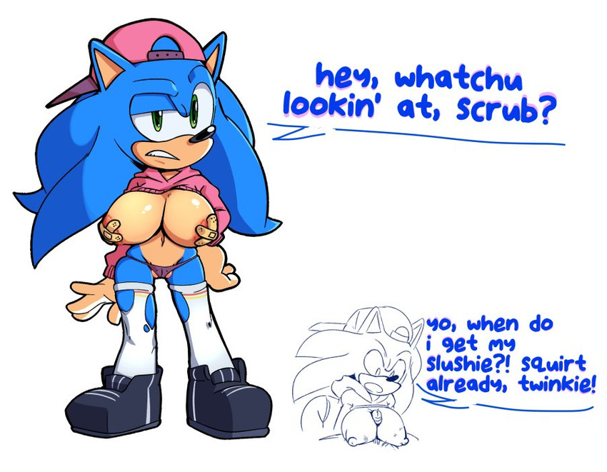 anthro backwards_baseball_cap backwards_hat bandage baseball_cap big_breasts breast_play breasts clothing crop_top crossgender dialogue duo female genitals hat headgear headwear hoodie legwear male male/female nipples penis sex shirt text thigh_highs thong titfuck topwear underwear missphase sega sonic_the_hedgehog_(series) sonic_the_hedgehog english_text