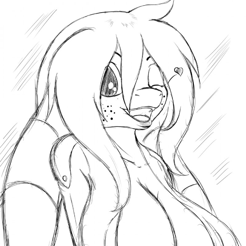 anthro big_breasts breasts cleavage clothed clothing female freckles heart_symbol huge_breasts looking_at_viewer non-mammal_breasts one_eye_closed open_mouth solo conditional_dnp suirano allin scalie 1:1 2016 hi_res monochrome sketch