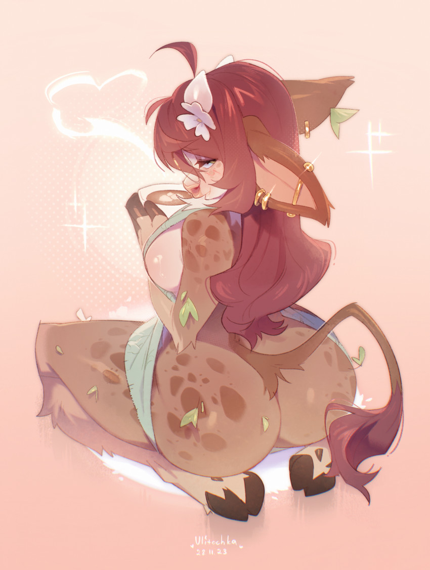 accessory anthro big_butt blue_eyes blush blush_lines breasts brown_body brown_fur butt clothed clothing container cup ear_piercing eyelashes female fingers flower flower_in_hair fur glistening glistening_body hair hair_accessory holding_container holding_cup holding_object hooved_fingers hooved_toes hooves horn kneeling leaf long_hair looking_at_viewer looking_back markings no_underwear piercing pink_nose plant raised_tail rear_view red_hair side_boob solo spots spotted_body spotted_fur tail tail_tuft thick_thighs tuft white_horn ulitochka bovid bovine cattle mammal 2023 hi_res