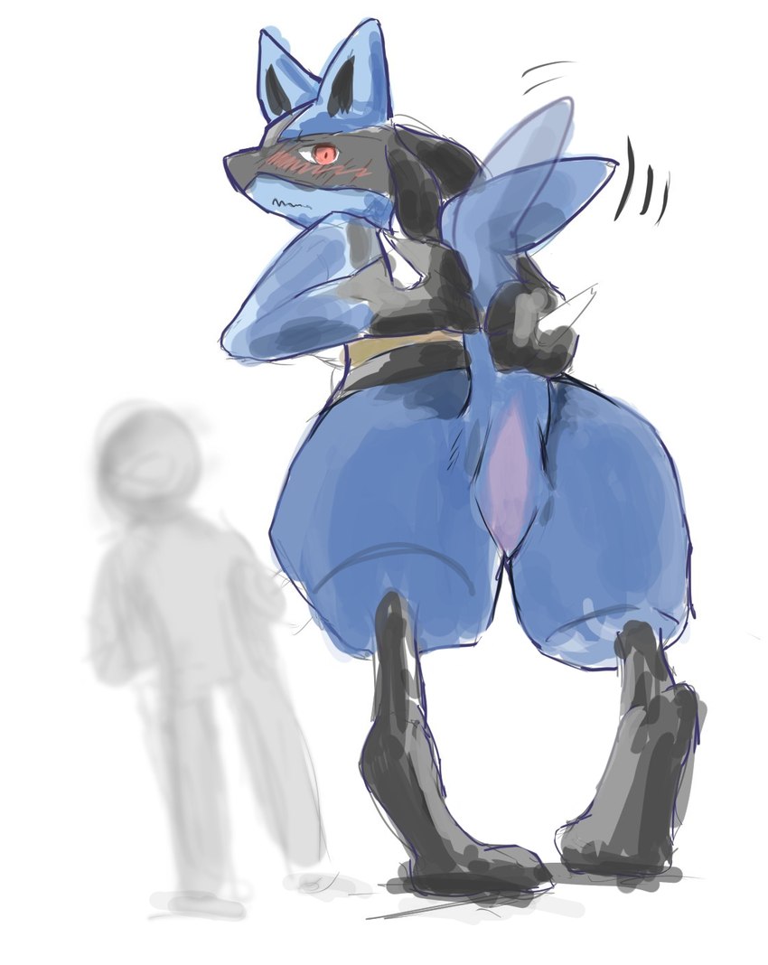 = ambiguous_gender anthro biped black_body blue_body blush butt duo holding_tail presenting presenting_hindquarters raised_tail rear_view red_eyes simple_background solo_focus tail tail_motion white_background megusuri nintendo pokemon generation_4_pokemon lucario pokemon_(species) hi_res