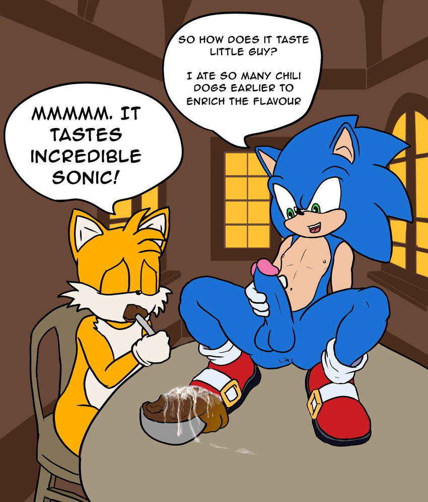 anthro cum_as_food duo eating_feces feces feces_as_food feces_in_mouth male male/male scatplay text lordcuckness sega sonic_the_hedgehog_(series) miles_prower sonic_the_hedgehog canid canine eulipotyphlan fox hedgehog mammal english_text hi_res