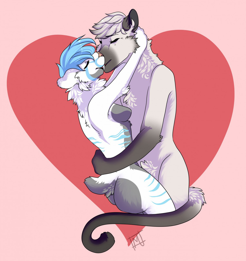 anthro big_butt blue_hair breasts butt convenient_censorship duo ears_back fangs female fur grey_body grey_fur hair heart_symbol hug inner_ear_fluff kissing long_tail love male male/female markings pivoted_ears romantic romantic_ambiance romantic_couple tail teeth tuft white_body white_fur hellishlykawaiimiocreations huoyan_(ccwoah) tundra_(somefurrypersoniguess) domestic_cat felid feline felis mammal prehistoric_species saber-toothed_tiger siamese hi_res