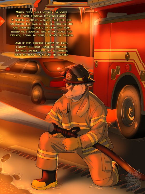 anthro armor biped black_nose car clothed clothing fire_hose firefighter firefighter_helmet footwear front_view fully_clothed headgear helmet hero hose kneeling male on_one_knee poetry sidewalk simple_background solo text three-quarter_view turnout_gear uniform vehicle water vallhound canid canine canis domestic_dog husky mammal nordic_sled_dog spitz 3:4 digital_media_(artwork) english_text full-length_portrait hi_res portrait warm_colors