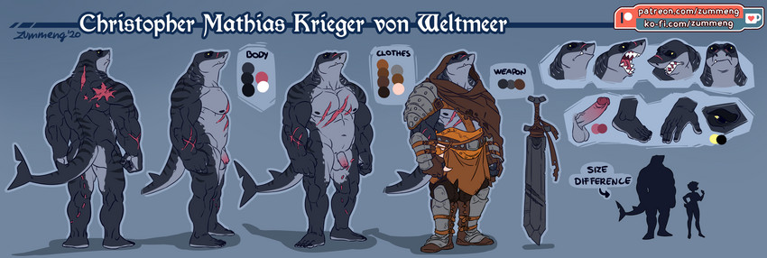 anthro balls clothed clothing erection feet fin foreskin genitals humanoid_genitalia humanoid_penis male melee_weapon penis solo sword text weapon zummeng christopher_(zummeng) fish marine shark absurd_res english_text hi_res model_sheet