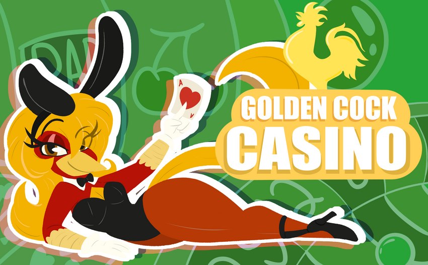 anthro beak breasts bunny_costume card casino clothing costume feathers female hair logo long_hair long_tail red_body red_feathers tail text yellow_beak yellow_body yellow_feathers 4foxsakes glori_gamebird avian bird chrysolophus galliform golden_pheasant phasianid english_text hi_res impact_(font)