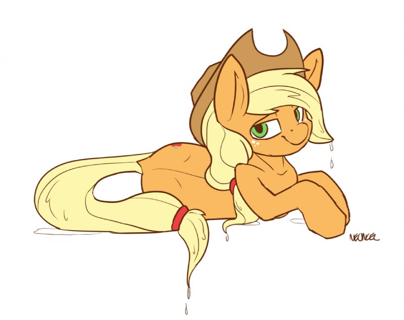 female feral looking_at_viewer lying smile solo wet_mane neoncel friendship_is_magic hasbro my_little_pony applejack_(mlp) equid equine horse mammal