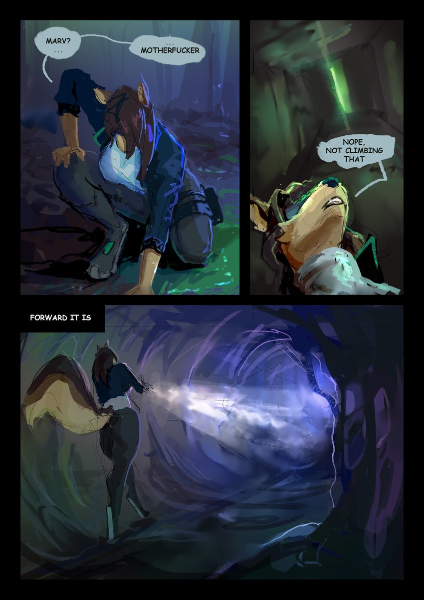 aiming_weapon anthro cave clothing crouching dialogue exploring female flashlight gun looking_up profanity ranged_weapon solo speech_bubble text walking weapon convolute vanessa_black canid canine canis jackal mammal absurd_res english_text hi_res