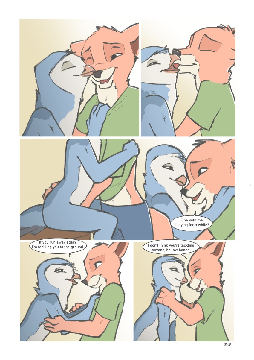 anthro blue_body blue_feathers blue_fur dialogue duo feathers fur furniture grope groping_crotch kissing licking male male/male nude speech_bubble table text tongue white_body white_feathers white_fur tuke casey_(tuke) graham_(tuke) avian bird canid canine fox mammal owl absurd_res comic english_text hi_res