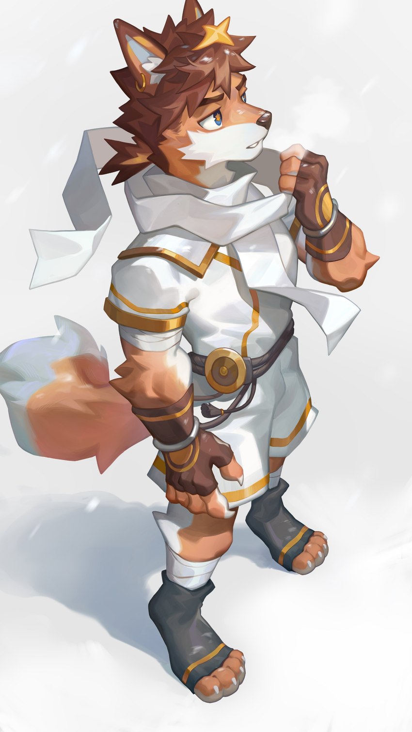 anthro athletic athletic_anthro athletic_male biped blue_eyes brown_hair clothing countershade_fur countershading fighters fingerless_gloves fur gloves hair handwear male orange_body orange_fur solo standing star_eyes white_body white_countershading white_fur gundanw canid canine canis mammal wolf 2024 9:16 absurd_res hi_res