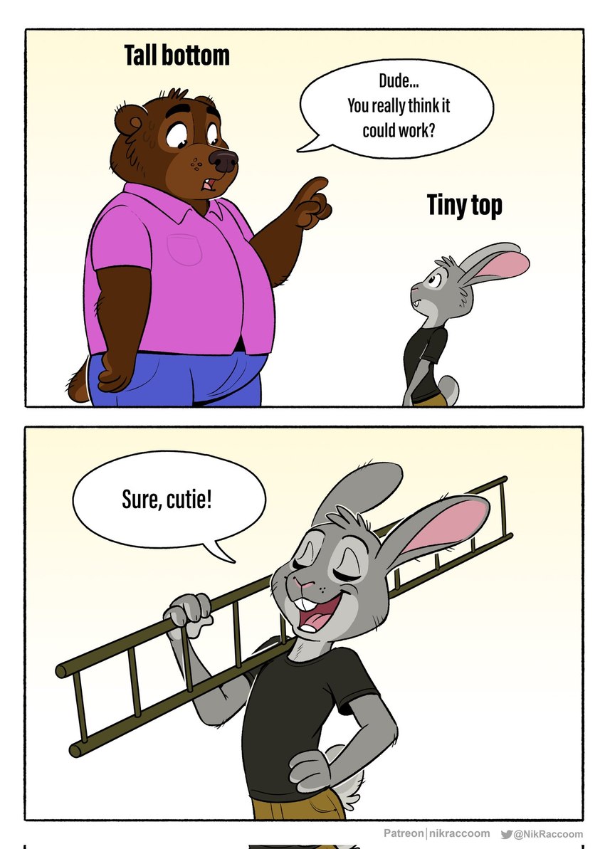 anthro belly bottomwear brown_body buckteeth clothed clothing dialogue duo fur holding_ladder humor ladder male male/male open_mouth overweight overweight_anthro overweight_male shirt shorts simple_background size_difference small_top_big_bottom smile speech_bubble standing tail teeth text topwear nikraccoom bear lagomorph leporid mammal rabbit comic digital_media_(artwork) english_text hi_res one_page_comic