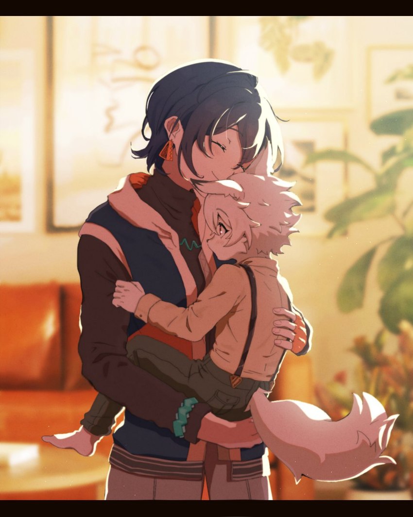 anthro blurred_background carrying_another carrying_partner carrying_person carrying_position clothed clothing cuddling duo ear_piercing ear_ring female furniture gloves handwear hug male messy paunting piercing plant ring_piercing sofa tail vase young young_anthro leiya mihoyo zenless_zone_zero belle_(zenless_zone_zero) von_lycaon canid canine canis human mammal wolf digital_media_(artwork) hi_res letterbox