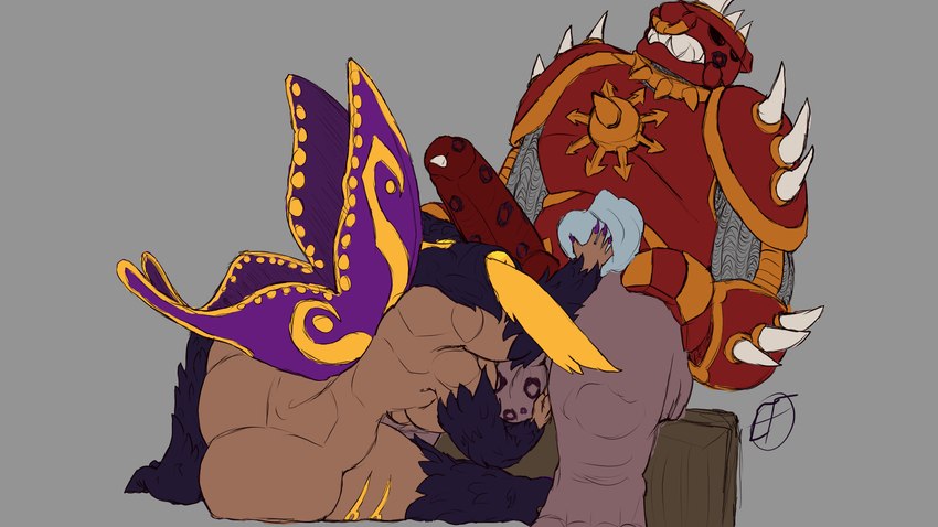 4_arms 4_toes alternate_version_in_description anthro armor biped bodily_fluids bottomless chainmail chaos_star clothed clothing collar colored_nails duo erection facial_piercing feet female genital_fluids genitals headgear helmet insect_wings kiss_mark_on_balls kiss_mark_on_face kiss_mark_on_penis lepidopteran_wings male male/female multi_arm multi_limb nails nose_piercing nose_ring nude penis piercing precum purple_nails red_penis ring_piercing spiked_collar spikes symbol toes wings endr404 arthropod humanoid insect lepidopteran moth 16:9 2022 hi_res widescreen