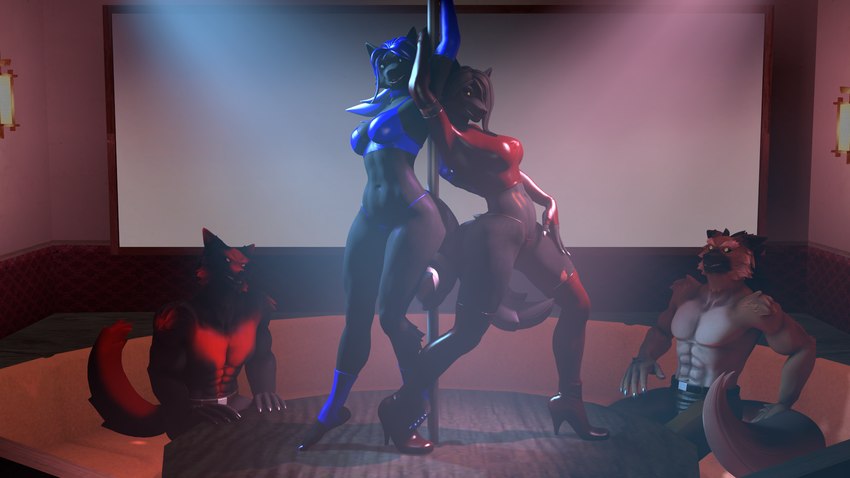 anthro black_body black_fur black_sclera blue_hair boots bra clothing dancing eye_contact female footwear fur group hair high_heeled_boots high_heels inside looking_at_another male pole pole_dancing red_body red_fur shoes underwear wolfikous petruz_(copyright) wolf_(petruz) canid canine canis mammal wolf 16:9 3d_(artwork) digital_media_(artwork) hi_res source_filmmaker_(artwork) widescreen