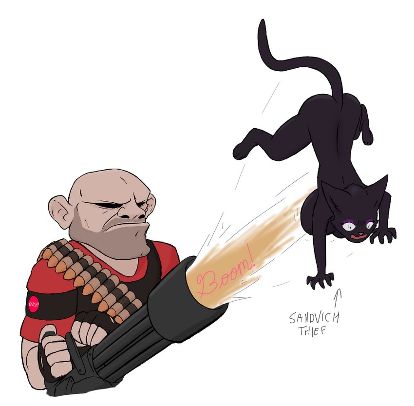 anthro big_breasts black_body black_fur breasts bullet_belt busty_feral exaggerated_expression female feral fur gun launched male ranged_weapon shitpost weapon unknown_artist team_fortress_2 valve heavy_(team_fortress_2) domestic_cat felid feline felis human mammal meme