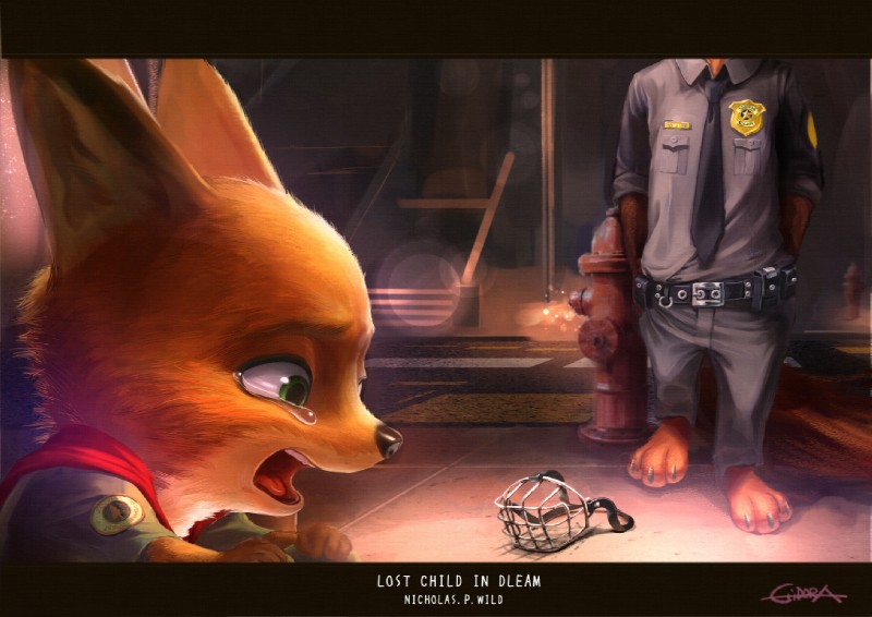 anthro black_nose bodily_fluids building city claws clothed clothing crying fire_hydrant fully_clothed fur green_eyes lens_flare light male muzzle_(object) open_mouth orange_body orange_fur police police_uniform sidewalk street tears teeth text toe_claws tongue uniform young young_anthro gidora_(artist) disney zootopia nick_wilde canid canine fox mammal red_fox true_fox english_text lighting