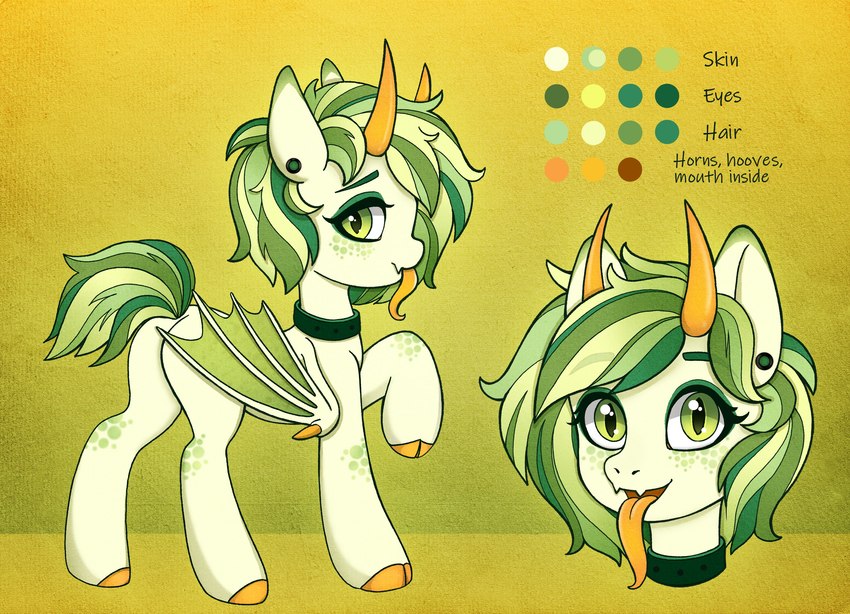 collar ear_piercing fangs female feral freckles green_eyes green_mane green_tail horn mane membrane_(anatomy) membranous_wings orange_horn orange_tongue piercing ring_piercing simple_background solo tail teeth text tongue tongue_out white_body wings drawsyraccoon hasbro my_little_pony bat_pony equid equine mammal english_text hi_res model_sheet