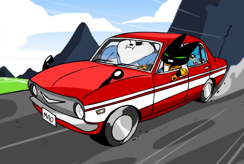 anthro black_body black_fur blue_body car clothing fur group inside_car inside_vehicle male male_anthro outside overweight overweight_male shirt topwear vehicle white_body white_fur parker_simmons cartoon_network mao_mao:_heroes_of_pure_heart adorabat bearclops_(mao_mao) sheriff_mao_mao_mao bat bear domestic_cat felid feline felis mammal polar_bear ursine 2015 official_art