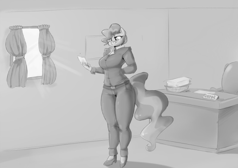 anthro anthrofied biped clothed clothing curtains eyewear female footwear fully_clothed glasses hair hand_behind_back holding_object inside paper smile solo standing sirmasterdufel friendship_is_magic hasbro my_little_pony mayor_mare_(mlp) earth_pony equid equine horse mammal pony 2015 greyscale monochrome