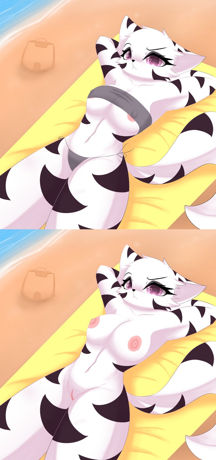 annoyed anthro beach black_highlights breasts clothing female fur highlights_(coloring) nipple_slip panties sand_castle sculpture seaside solo topwear towel tube_top underwear white_body white_fur yellow_towel zayjoy1 tundra_(stellar_tundra) felid mammal absurd_res hi_res