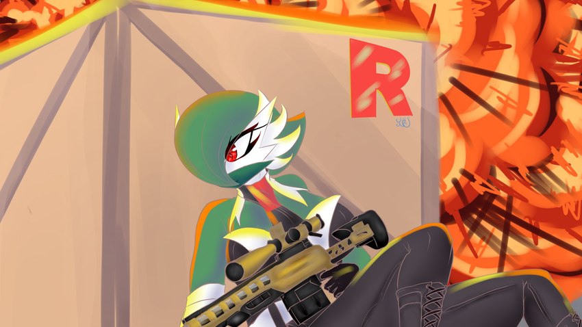 boots breasts clothed clothing combat_boots explosion female footwear green_hair gun hair hair_over_eye mask not_furry one_eye_obstructed ranged_weapon red_eyes rifle shoes sniper_rifle solo tactical_gear tactical_gloves taking_cover weapon renv nintendo pokemon team_rocket gardevoir generation_3_pokemon humanoid pokemon_(species) 2023 hi_res signature