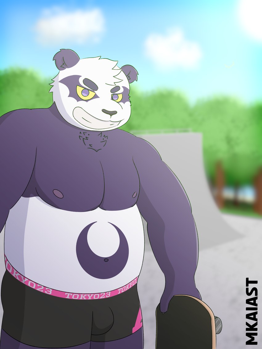 anthro black_clothing blurred_background boxers_(clothing) clothing fur male nipples pink_clothing purple_body purple_fur skate_park skateboard slightly_chubby solo underwear vehicle white_body white_clothing white_fur yellow_sclera mkaiast lifewonders tokyo_afterschool_summoners alp_(tas) bear giant_panda mammal absurd_res hi_res