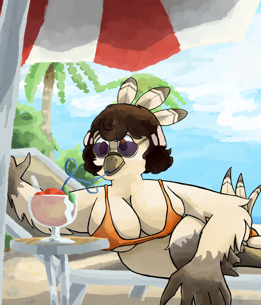 anthro beach beach_chair beach_umbrella big_breasts bikini breasts brown_eyes clothing drinking_straw eyewear feathers female non-mammal_breasts parasol peak seaside silly_straw slushie solo sunglasses swimwear two-piece_swimsuit gallardo la_pavita_pechugona pavita_pechugona avian bird galliform phasianid turkey absurd_res hi_res