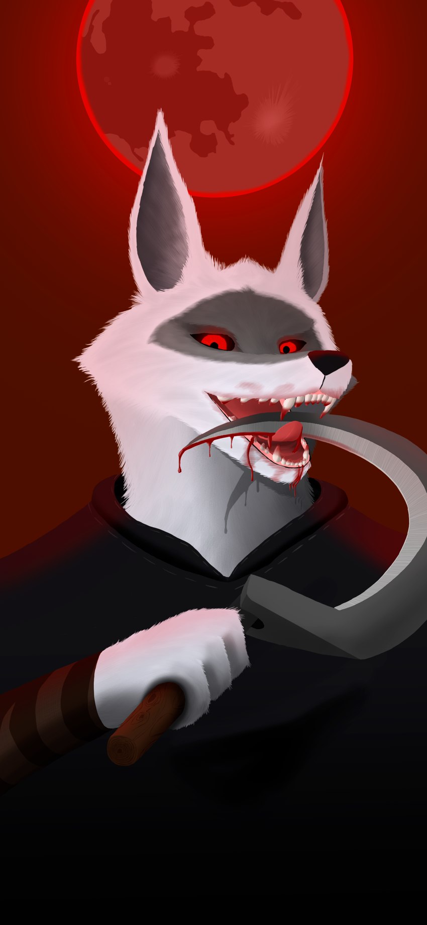 anthro black_poncho blood blood_drip blood_in_mouth blood_moon blood_on_weapon bodily_fluids cloak clothing dripping facial_markings fangs full_moon fur fuzzy glowing glowing_eyes grey_body grey_fur grey_head head_markings holding_object holding_weapon licking_blood licking_weapon looking_at_viewer male markings mask_(marking) melee_weapon moon open_mouth poncho red_background red_eyes sickle simple_background smile solo teeth tongue tongue_out weapon white_body white_fur white_hands white_head arct1c dreamworks puss_in_boots_(franchise) death_(puss_in_boots) canid canine canis mammal wolf absurd_res hi_res portrait