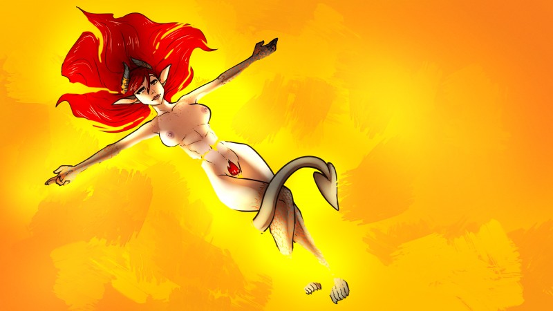 blue_eyes breasts brown_eyes female floating genitals hair horn lava lying not_furry nude on_back pale_skin pubes pussy red_hair scales solo feretta aikaterine demon humanoid 16:9 digital_media_(artwork) hi_res shaded widescreen