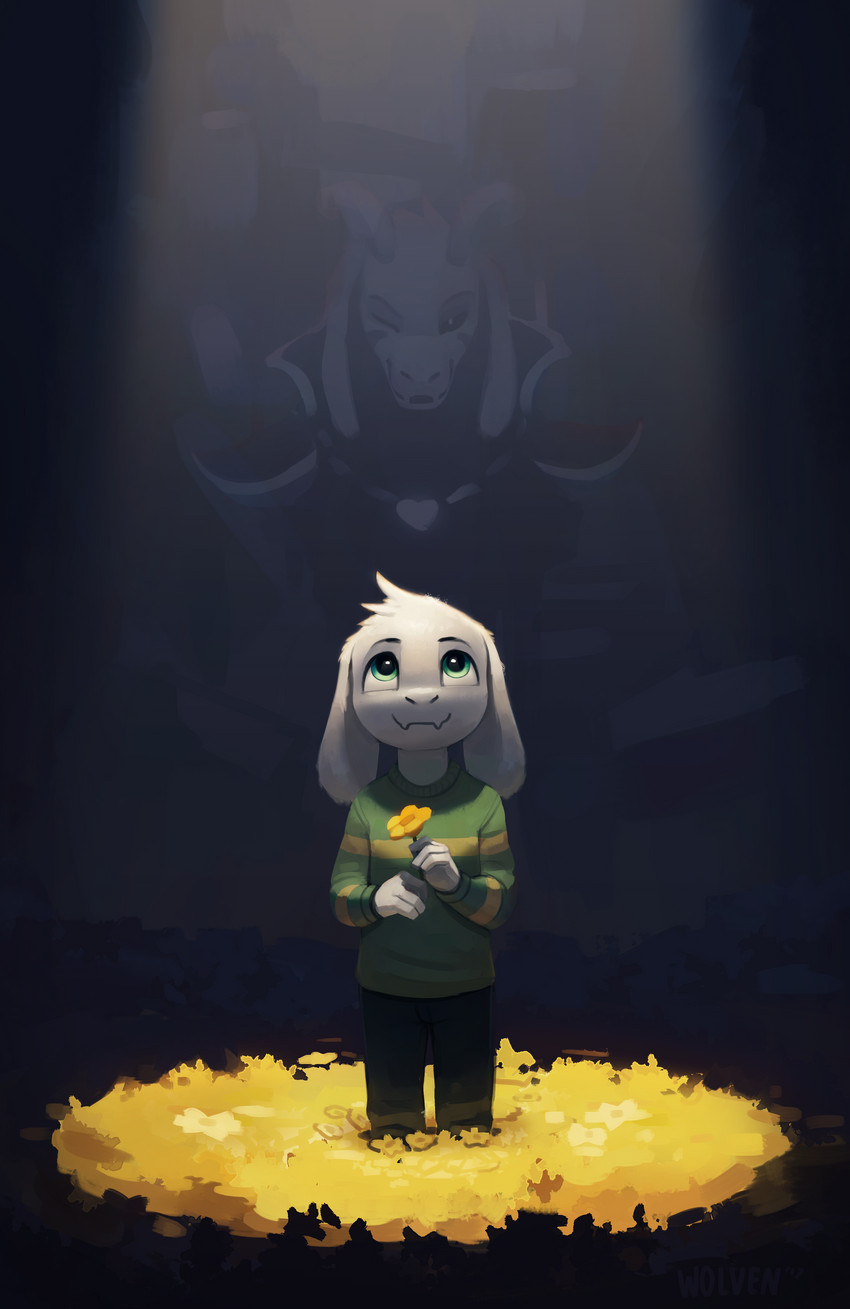 anthro biped black_background black_eyes bottomwear clothed clothing duo flower fur green_clothing green_eyes green_sweater green_topwear looking_up male pants plant simple_background smile sweater text topwear white_body white_fur itswolven undertale undertale_(series) asriel_dreemurr asriel_dreemurr_(god_form) boss_monster_(undertale) bovid caprine goat mammal 2017 absurd_res english_text hi_res signature