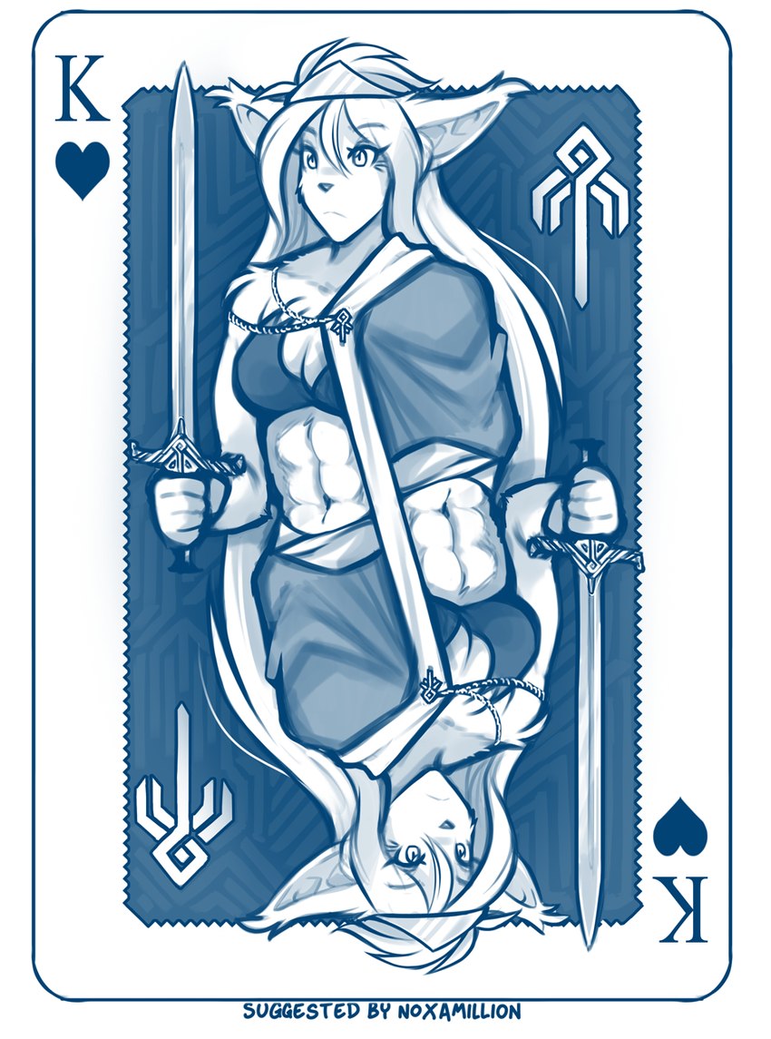 abs anthro arm_tuft breasts cape card card_template cleavage clothed clothing crown female headgear heart_symbol hearts_(suit) holding_melee_weapon holding_object holding_sword holding_weapon king king_of_hearts melee_weapon midriff muscular muscular_female navel playing_card playing_card_template royalty shoulder_tuft solo sword symmetry symmetry_(rotational) tiara tuft weapon conditional_dnp tom_fischbach twokinds king_adelaide basitin mammal 2023 adobe_photoshop_(artwork) blue_and_white digital_media_(artwork) hi_res monochrome sketch