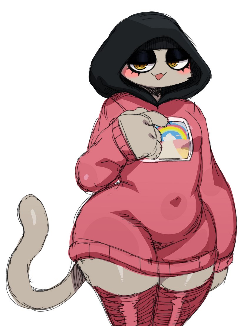 anthro bent_over big_butt blush bottomless breasts butt clothed clothing female fur hoodie huge_butt legwear looking_at_viewer looking_back markings multicolored_clothing open_mouth pink_clothing pink_hoodie pink_topwear rainbow_clothing small_breasts solo tail thick_thighs thigh_highs topwear white_body white_fur wide_hips yellow_eyes sssonic2 third-party_edit epic_games fortnite cloud_nine_(fortnite) meow_skulls calico_cat domestic_cat felid feline felis mammal hi_res