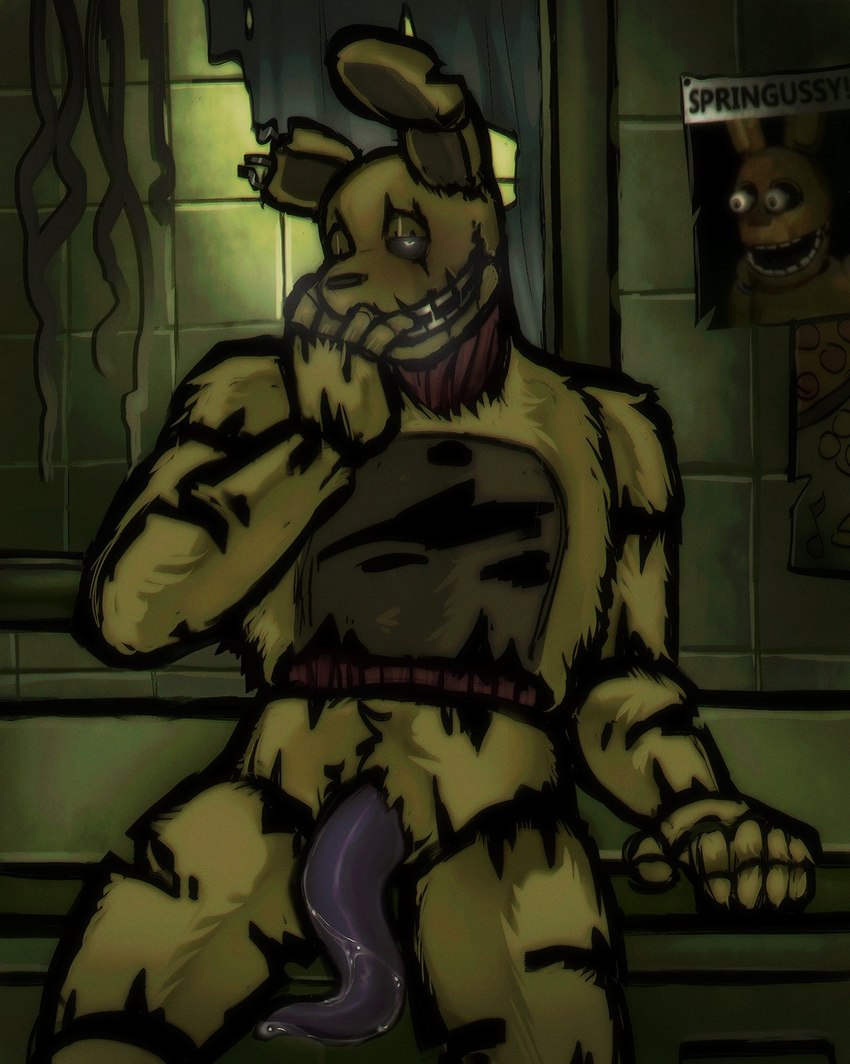 anthro blush bodily_fluids crotch_tentacles finger_in_mouth fur genital_fluids genitals looking_at_viewer looking_pleasured machine male penis precum prehensile_penis solo teeth tentacles yellow_body yellow_fur lysergic_corpse five_nights_at_freddy's five_nights_at_freddy's_3 scottgames springtrap_(fnaf) animatronic lagomorph leporid mammal rabbit robot 2022 digital_drawing_(artwork) digital_media_(artwork) hi_res meme