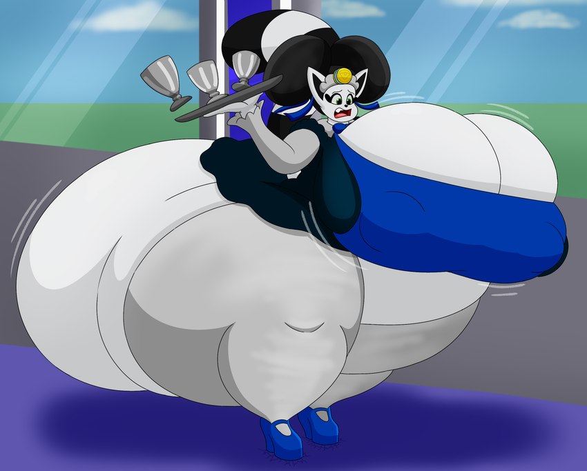 anthro belly big_belly big_breasts big_butt black_nose blue_clothing blue_footwear blue_high_heels bottomwear breast_expansion breasts butt butt_expansion clothing container cup expansion feet female footwear green_eyes high_heels holding_plate huge_belly huge_breasts huge_butt hyper hyper_butt inside obese obese_anthro obese_female open_mouth overweight overweight_anthro overweight_female shoes solo standing surprised topwear window user3345 nameless_character domestic_cat felid feline felis mammal 2024 digital_media_(artwork) hi_res