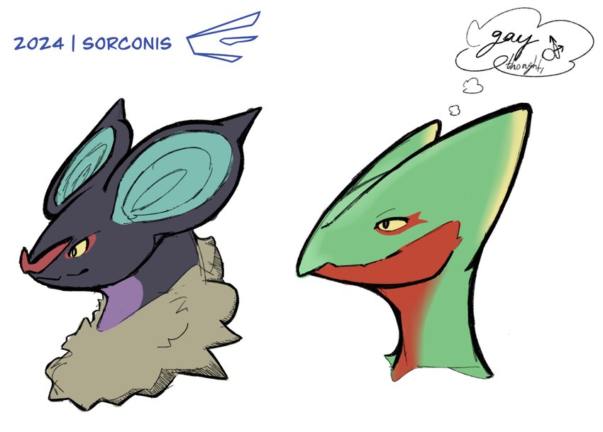 bat_nose blue_ears dark_body duo feral green_body male neck_floof staring_up thought_bubble novaconis sorconis_(artist) nintendo pokemon generation_3_pokemon generation_6_pokemon noivern pokemon_(species) sceptile bust_portrait hi_res portrait sketch