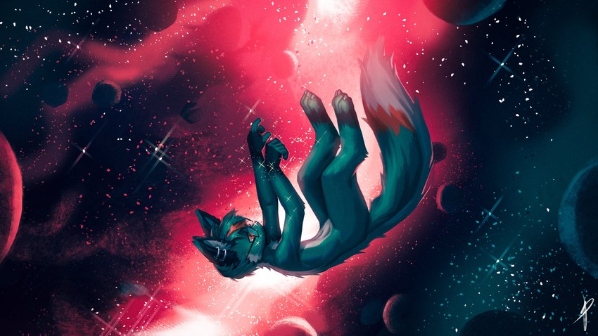 anthro claws cosmic_background detailed_background digitigrade dipstick_tail ear_piercing ear_ring eyewear falling fingerless_(marking) glasses gloves_(marking) hair highlights_(coloring) leg_markings long_tail male male_anthro markings nude piercing pink_eyes pink_highlights planet ring_piercing short_hair side_view socks_(marking) solo space space_background sparkles star tail tail_markings teal_hair blaedic kyuu_(peculiarfox) canid canine fox mammal 16:9 2022 absurd_res color_contrast full-length_portrait hi_res portrait widescreen