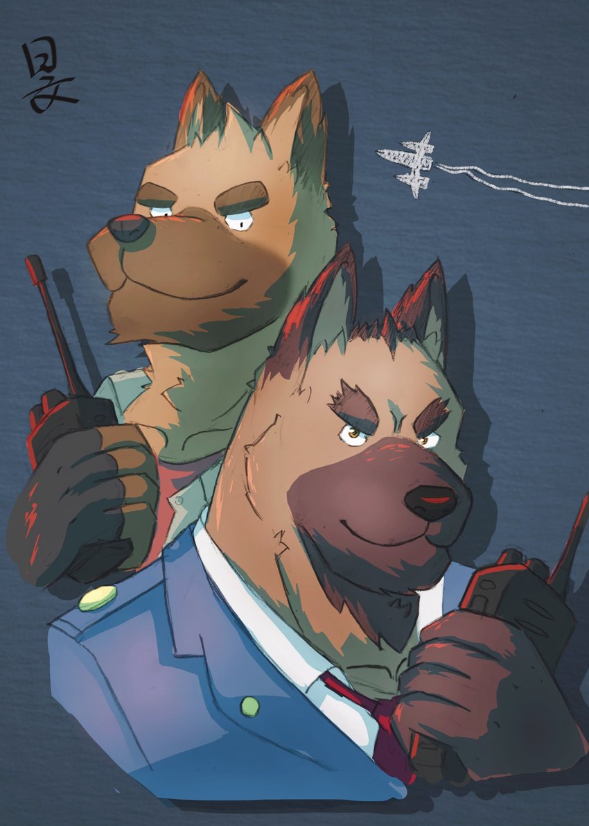 anthro clothing duo fighter_plane fingerless_gloves gloves handwear male military_dog necktie police police_officer police_uniform simple_background uniform walkie-talkie watermarked_at_source autumn_sky_lm benki_wars polidog_patrol captain_dog shepherd_(polidog_patrol) canid canine canis domestic_dog german_shepherd herding_dog mammal pastoral_dog hi_res