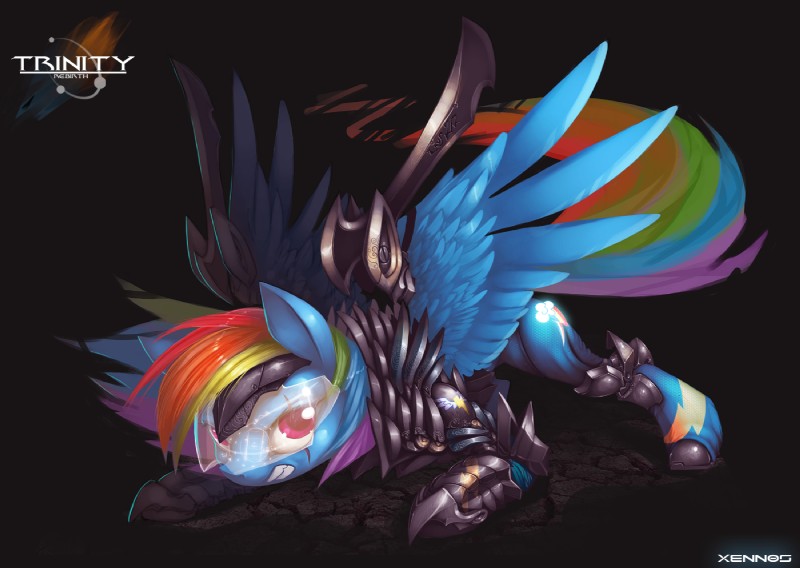 angry armor blue_body blue_feathers blue_fur cutie_mark feathered_wings feathers female feral fur grey_background hair looking_at_viewer multicolored_hair rainbow_hair scar simple_background solo text visor wings legacy350 friendship_is_magic hasbro my_little_pony mythology rainbow_dash_(mlp) equid equine mammal mythological_creature mythological_equine pegasus english_text