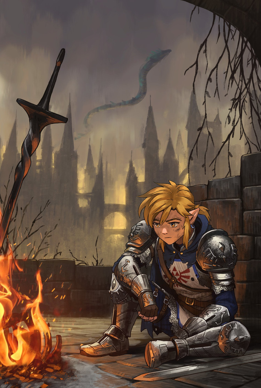 armor belt blonde_hair blue_eyes bonfire castle clothing detailed_background dirty ear_piercing ear_ring fingerless_gloves fire footwear gloves hair handwear humanoid_pointy_ears male melee_weapon not_furry parody piercing pointy_ears ring_piercing shoulder_pads sitting solo sword weapon detkef breath_of_the_wild dark_souls fromsoftware nintendo the_legend_of_zelda link elf humanoid hylian 2020 hi_res