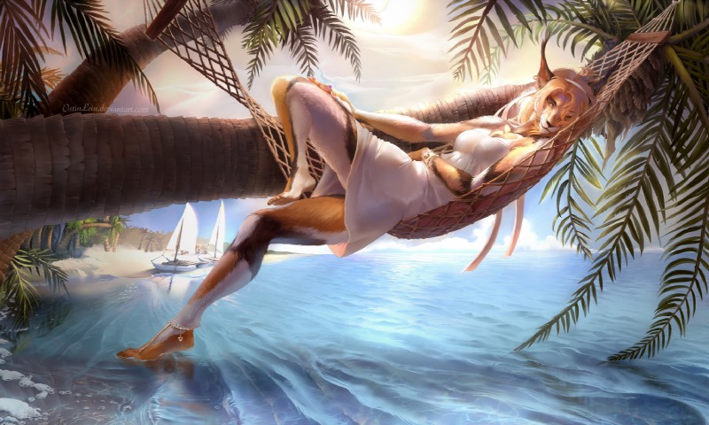 amazing_background anklet anthro barefoot biped boat bracelet clothing detailed_background dress ear_piercing feet female hammock jewelry lying on_back outside piercing plant reclining sea solo tree tropical vehicle water watercraft whiskers white_clothing white_dress ostinlein jastra felid feline lynx mammal 5:3 detailed digital_media_(artwork)