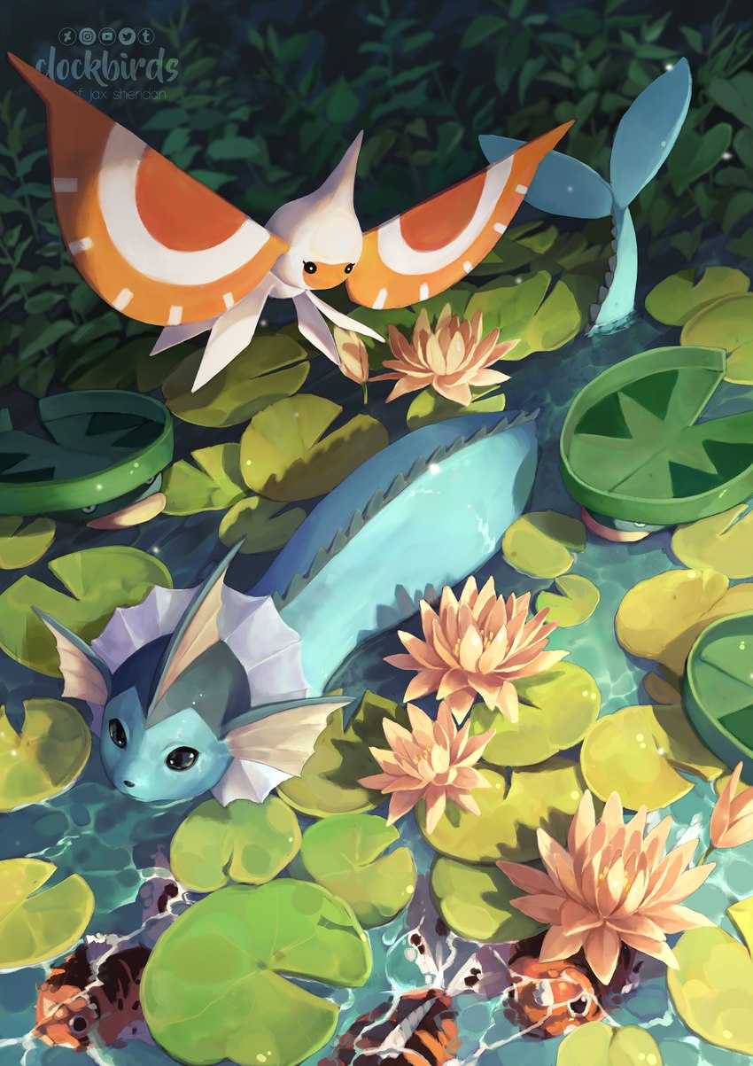 ambiguous_gender day detailed_background feral flower group lily_pad outside partially_submerged plant tail water clockbirds nintendo pokemon eeveelution generation_1_pokemon pokemon_(species) vaporeon 2022 digital_media_(artwork) hi_res