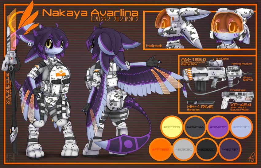 3_fingers 4_ears anthro arm_out arm_outstretched armor armored_boots avali_logo avali_scratch_(text) avalon_(avali_homeworld) bayonet big_breasts big_head black_claws black_sclera bottomwear breasts camo camo_bottomwear camo_clothing camo_print camo_shorts camo_topwear claws clothed clothed_anthro clothed_female clothing color_swatch cybernetic_wing cybernetics ear_piercing ear_ring feather_hair feathered_wings feathers feet female female_anthro fingers front_pack front_view grey_camo grey_clothing gun hair hand_on_hip handgun headgear helmet information knife logo looking_at_viewer machine melee_weapon multi_ear orange_background pattern_bottomwear pattern_clothing pattern_shorts pattern_topwear piercing pistol polearm pseudo_hair purple_body purple_feathers purple_hair purple_spots purple_tail ranged_weapon rear_view rifle ring_piercing shorts simple_background solo spear spots standing tail text topwear visor_helmet weapon white_camo white_clothing winged_arms wings y2k_(graphic_design) yellow_eyes pento_katsuwa nakaya_avarlina avali avian 2023 absurd_res character_name english_text hi_res model_sheet female_(lore)