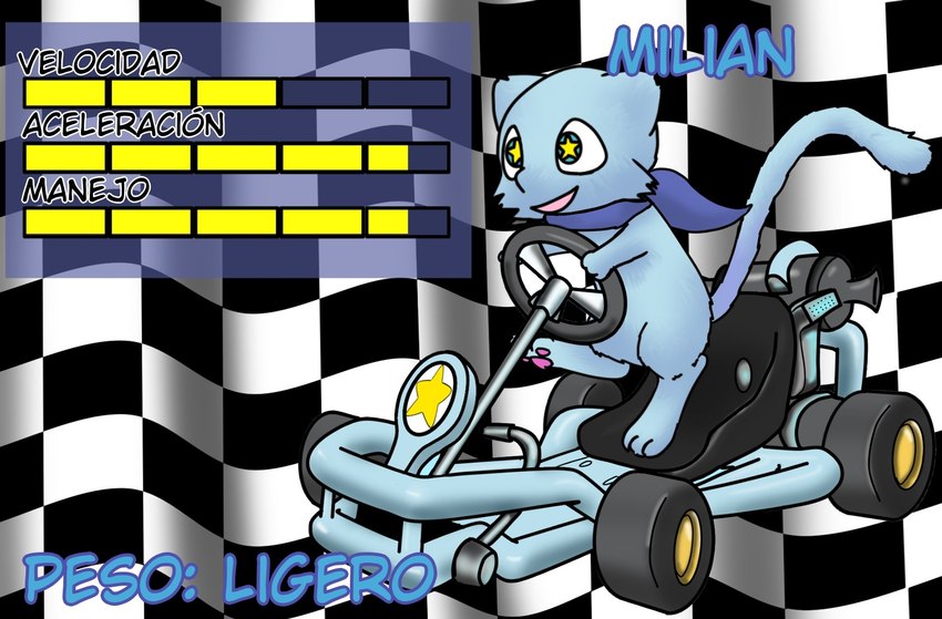 anthro green_eyes kart male scarf smile solo star star_eyes tail text vehicle herodeskun nintendo pokemon milian_(mew_lindo) generation_1_pokemon legendary_pokemon mew_(pokemon) pokemon_(species) shiny_pokemon hi_res spanish_text