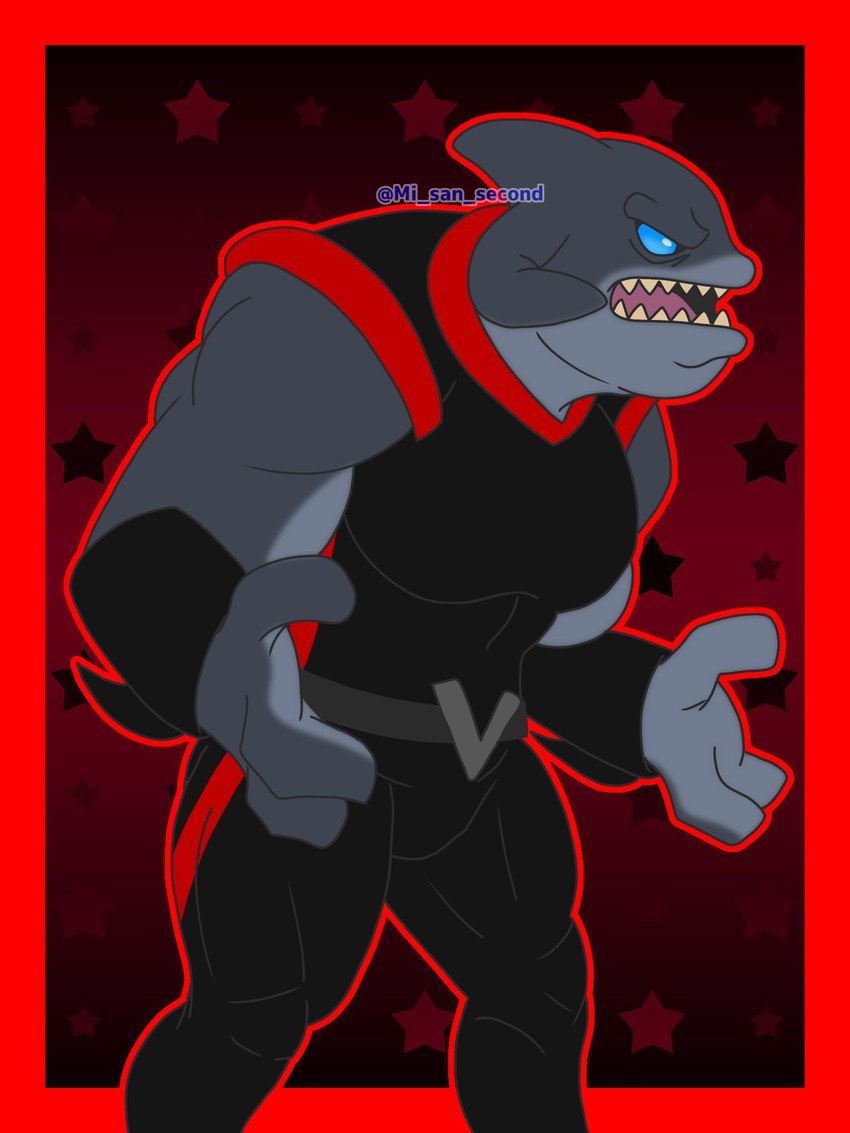 3_fingers angry armor belt black_clothing blue_eyes border clothing fingers gradient_background grey_body grey_skin male muscular muscular_male open_mouth outline outside_border red_border sharp_teeth simple_background solo standing star teeth text uniform vambrace mi_san_second disney lilo_and_stitch gantu alien alien_humanoid humanoid 2023 3:4 artist_name digital_drawing_(artwork) digital_media_(artwork) hi_res watermark