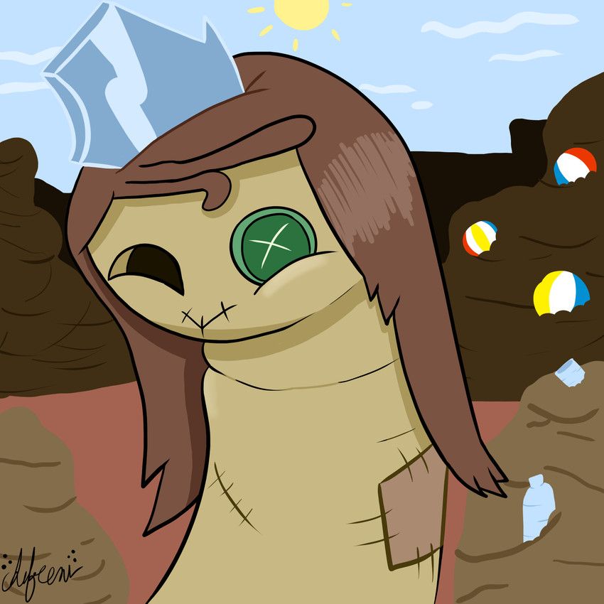 ball beach_ball bottle button_(fastener) button_eyes container doll dumpster eyewear female glasses green_eyes hair hollow_eyes inflatable long_hair mouth_closed sky solo sun trash chefrens raggedy_princess humanoid hi_res