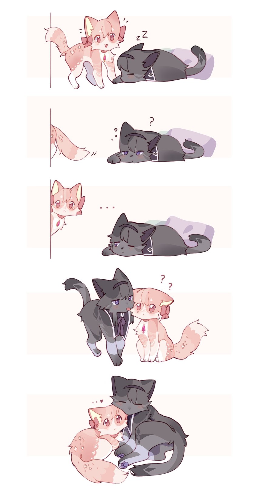 alternate_species cuddling duo ellipsis female feral furrification kemono question_mark sleeping sound_effects vowelless vowelless_sound_effect zzz kuro_chromium puella_magi puella_magi_madoka_magica homura_akemi madoka_kaname domestic_cat felid feline felis mammal absurd_res hi_res